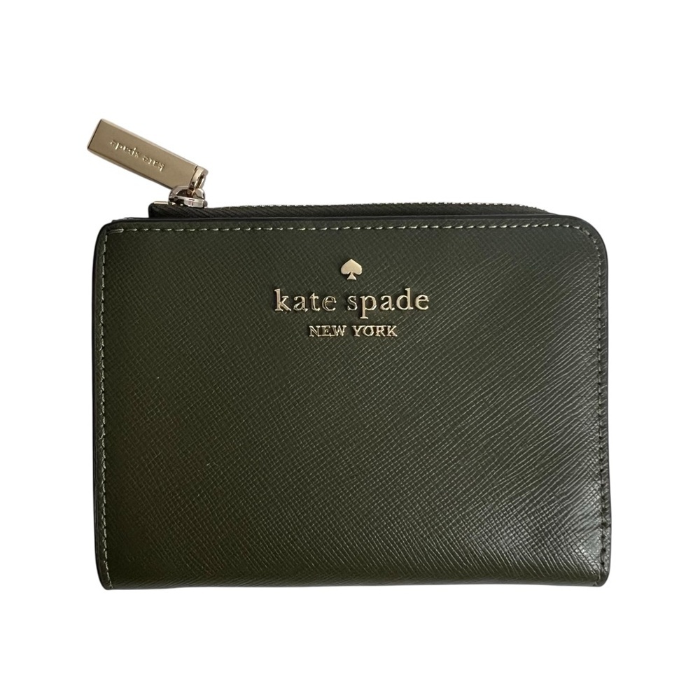 Kate Spade Small L-zip Wallet Green Gold Hardware Snap Closure Pinmount Logo